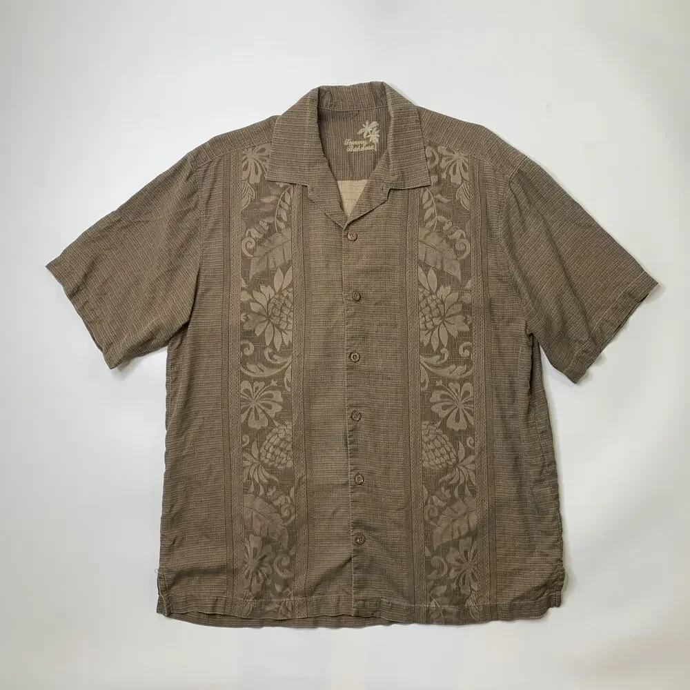 Tommy Bahama Shirt Mens L Large Otter Silk Maui Border Button Up Hawaiian Camp
